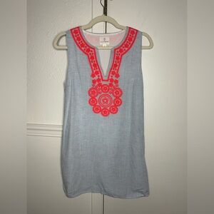 Julie Brown Women Size 4 Blue White Woven Diamante Embroidered Pinstripe Dress